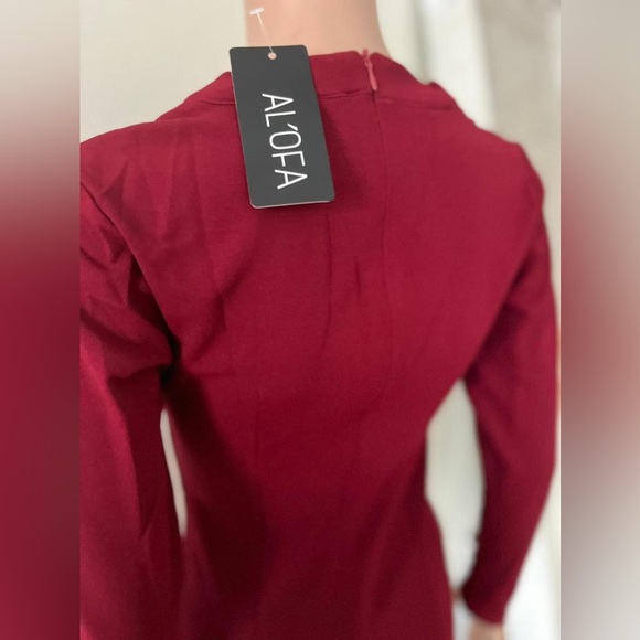 New Solid Red Elegant Long Sleeve V Neck Office Cocktail Party Dress, Small - Picture 8 of 10